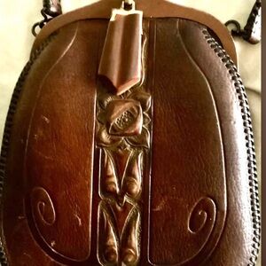 1920s Art Deco Brown Leather Hand Bag Bakelite Twist Lock Jazz Age Flapper